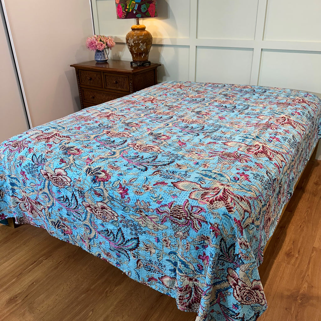 Bedspread coverlet No16 light blue on bed