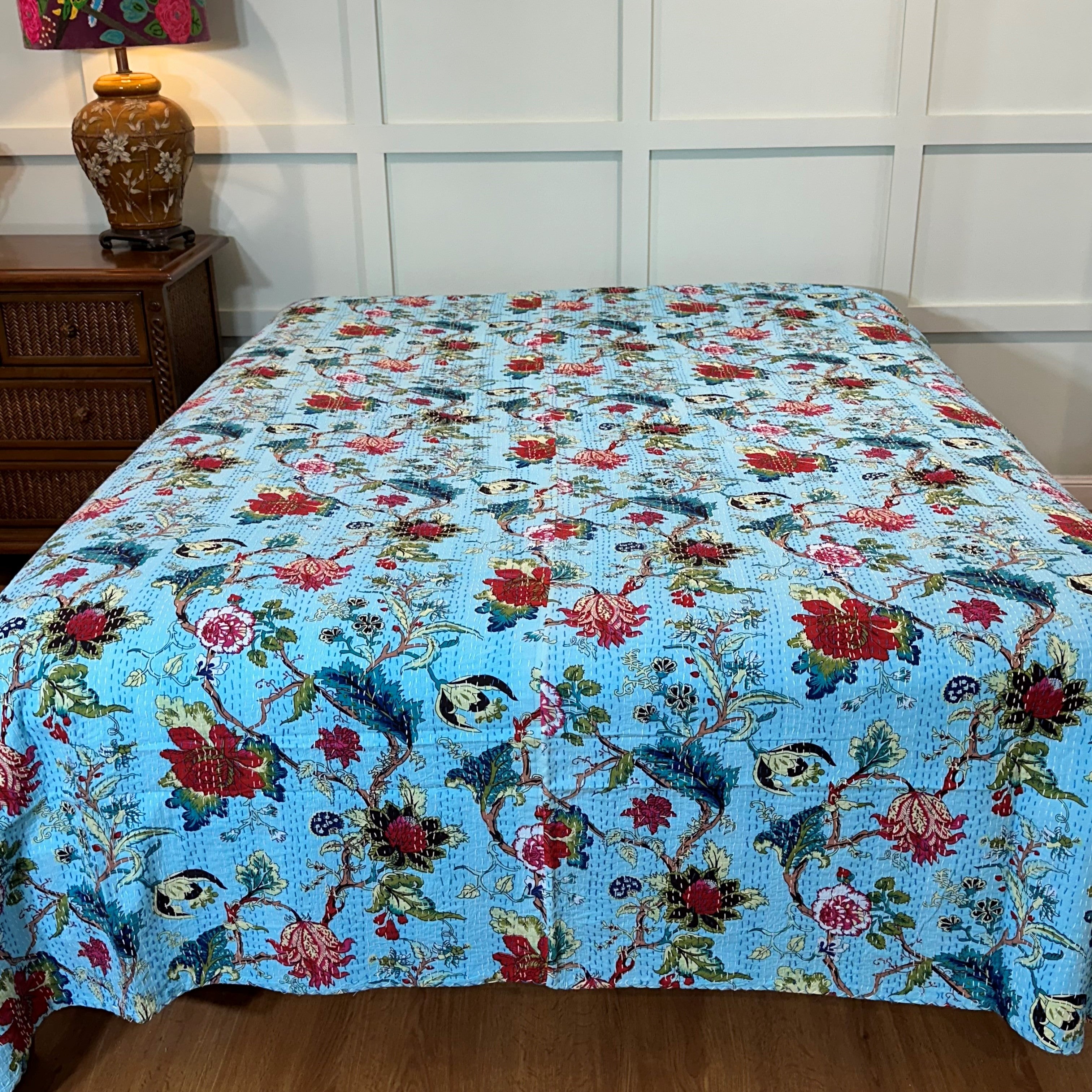 Bedspread coverlet No8 light blue on bed