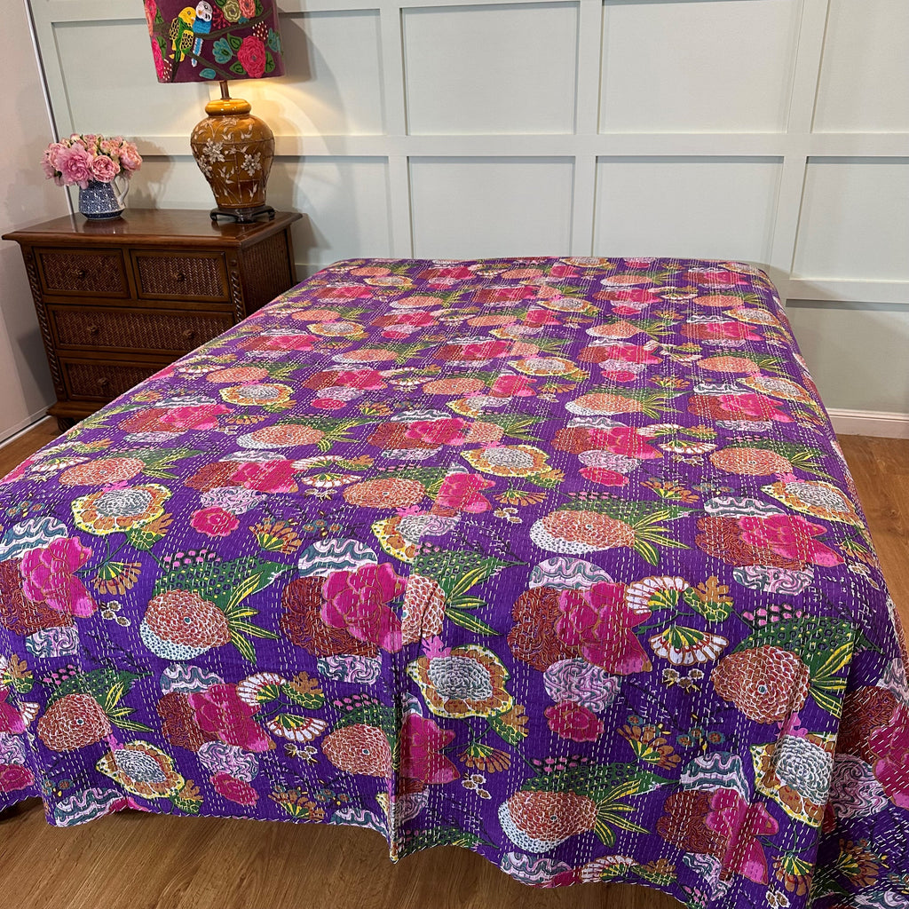 Bedspread coverlet No9 purple on bed