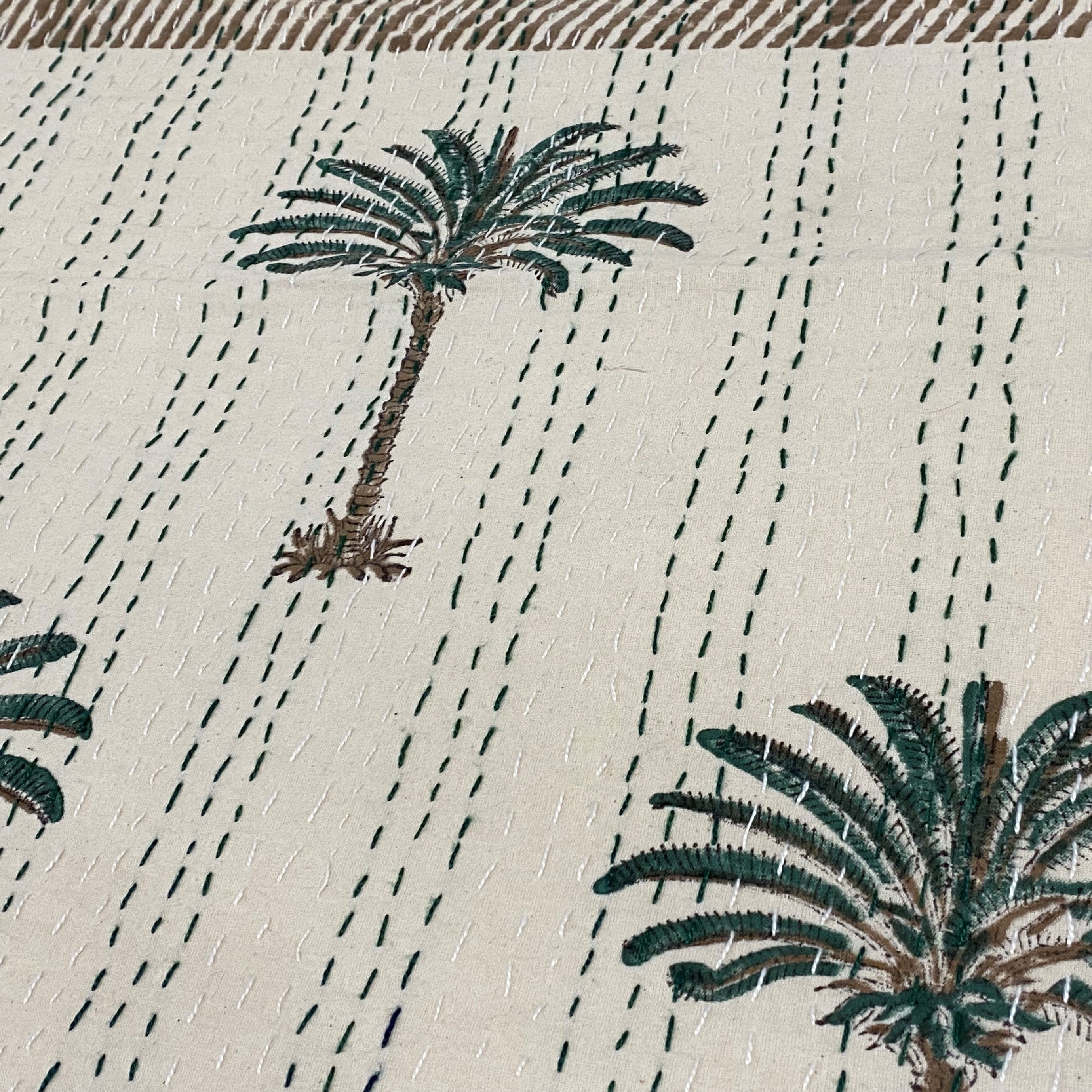 Green Palm Bedspread / Coverlet close-up