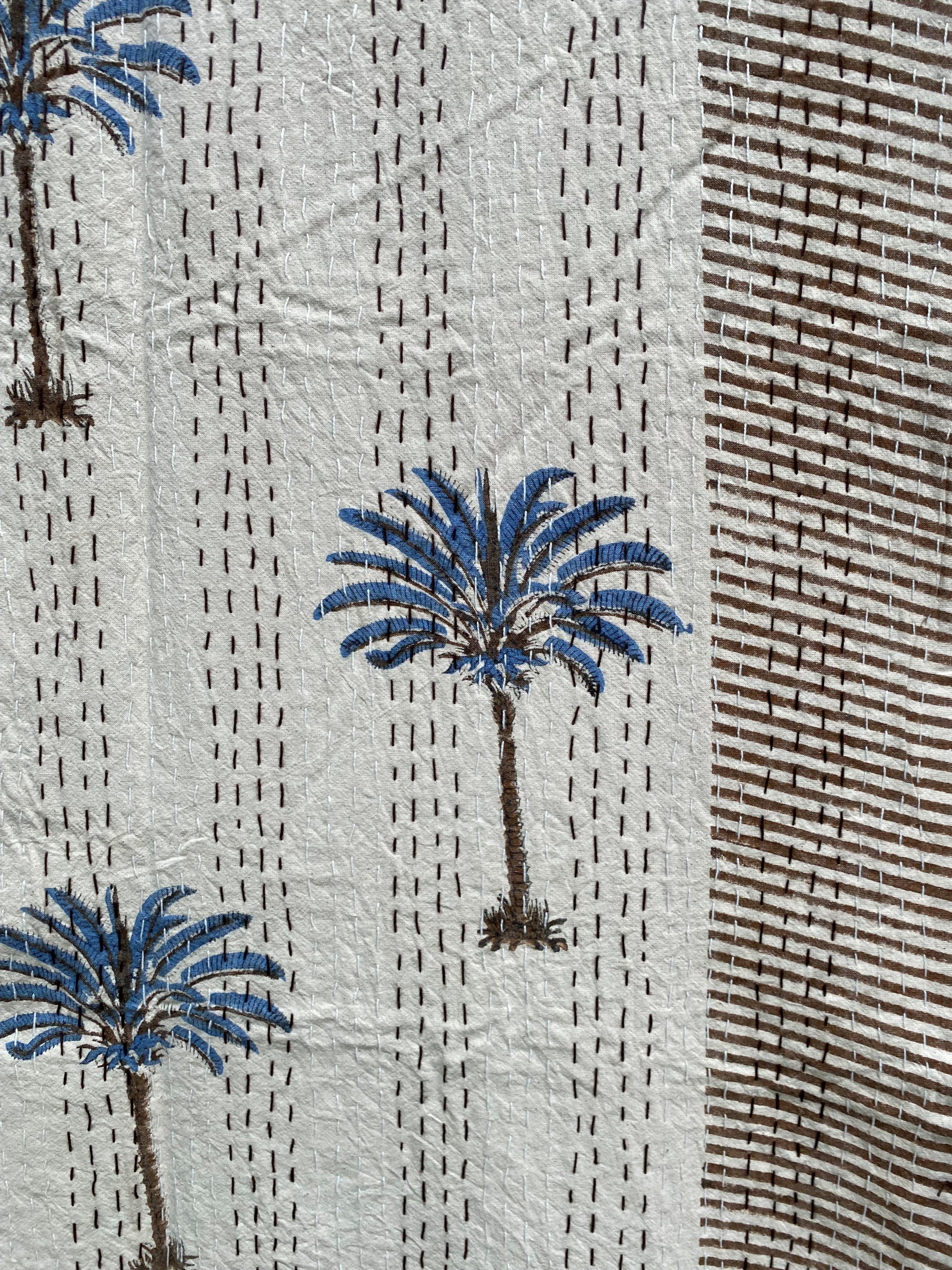 Blue Palm Bedspread Coverlet close-up