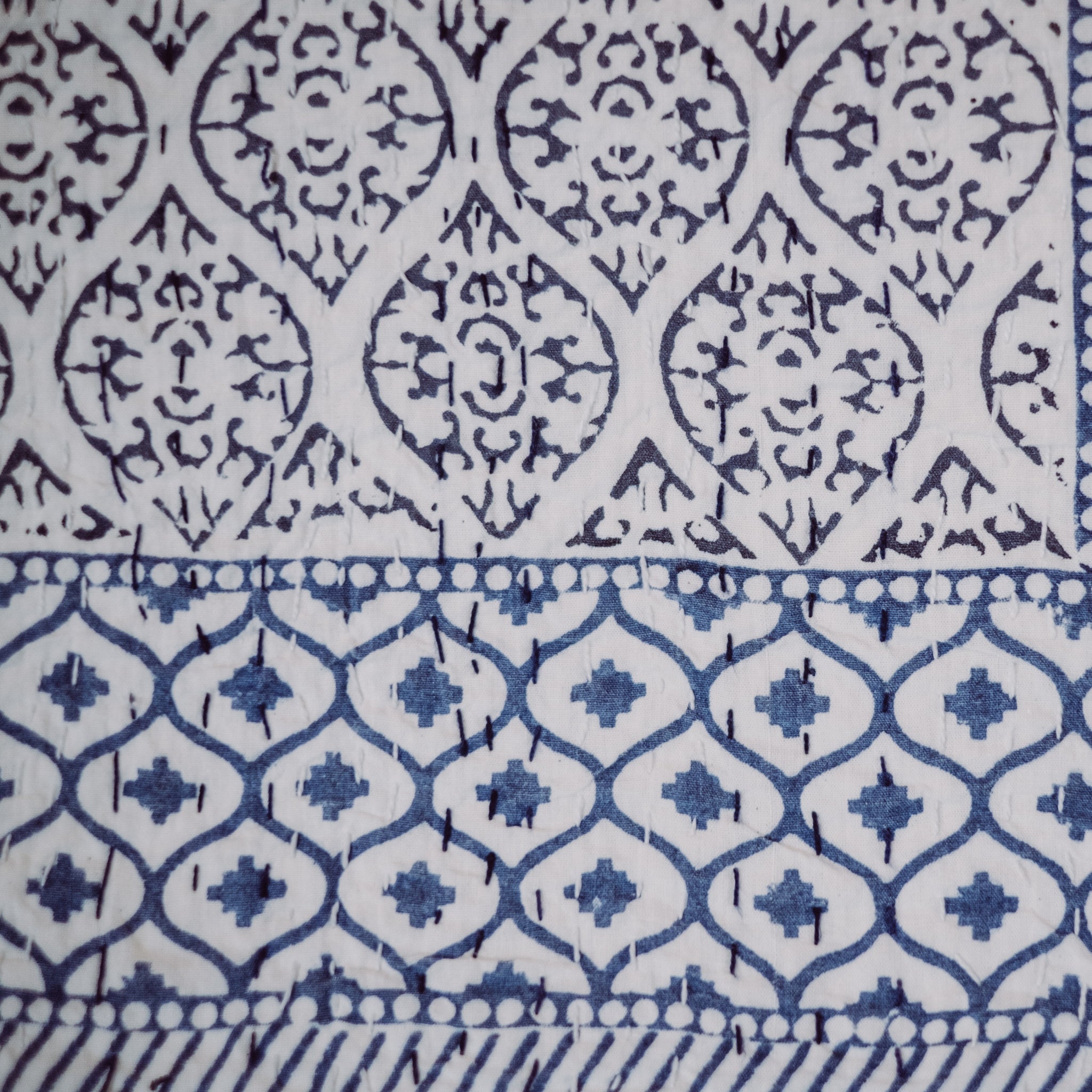 Blue maze bedspread close-up