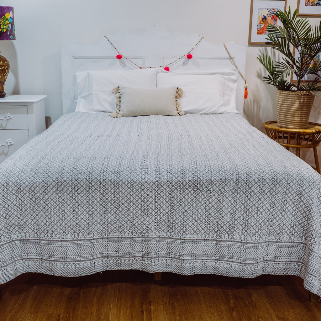 Grey Sand Bedspread / Coverlet on Bed