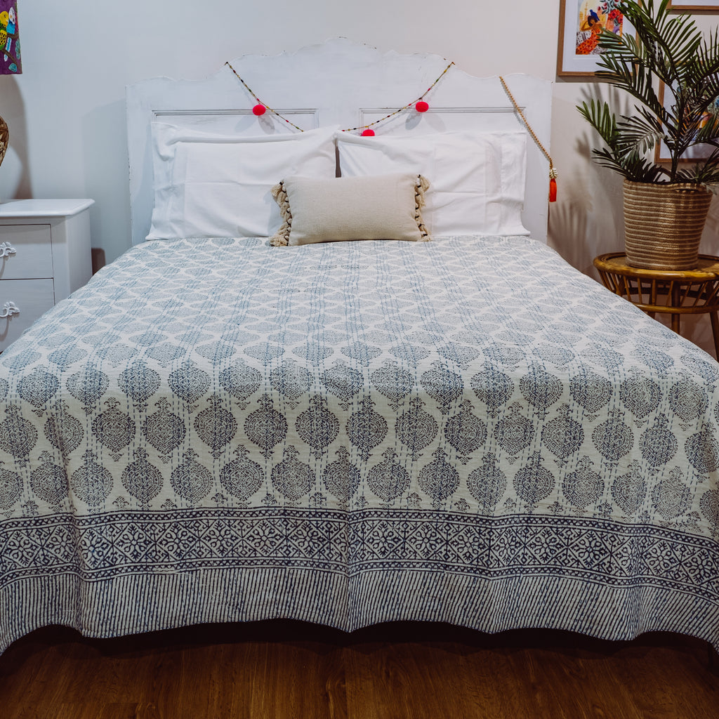 Moroccan Blue Bedspread / Coverlet on Bed